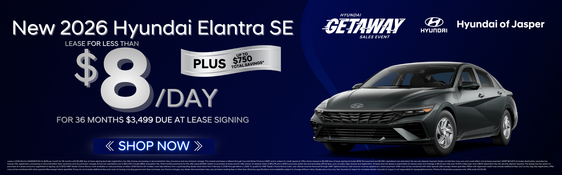 Lease a 2026 Elantra for less than $8/day