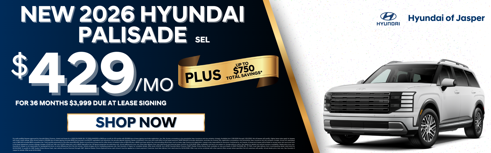 Lease a Palisade for $429/mo for 36 mos. + bonus cash