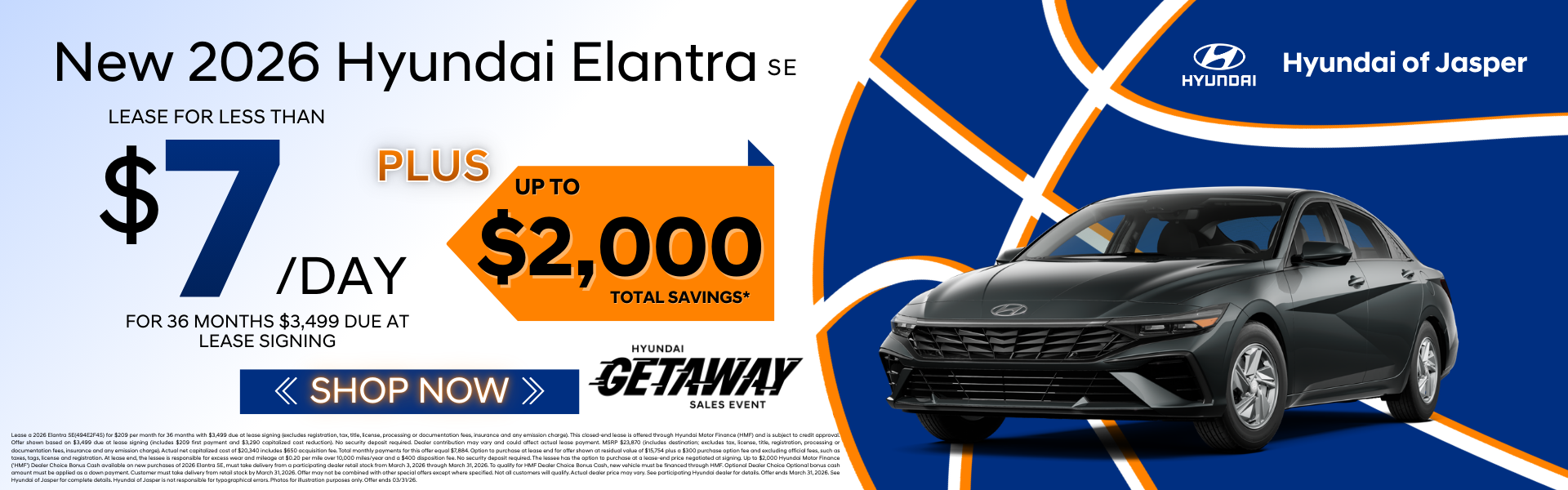 Lease a new 2026 Hyundai Elantra for less than $7 a day