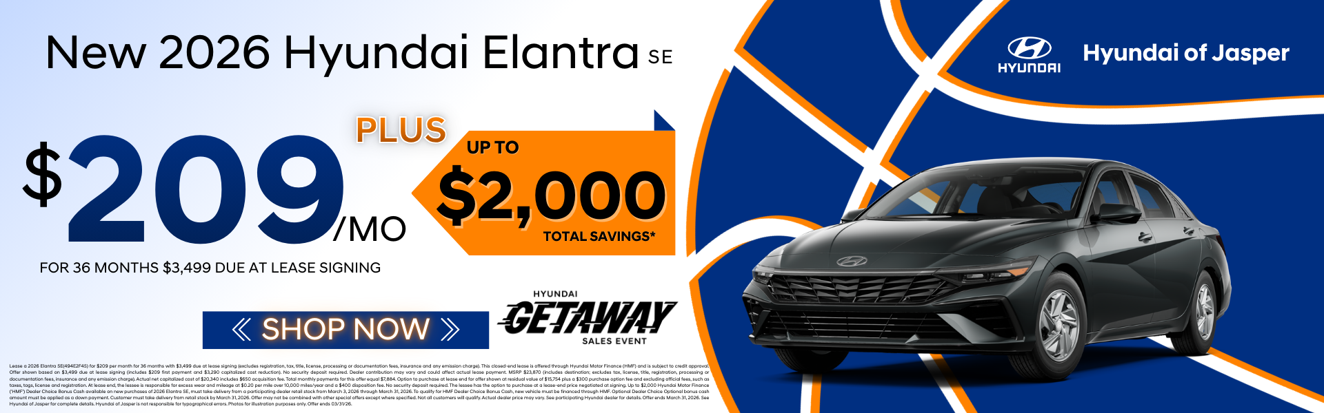 Lease a new 2026 Hyundai Elantra for $209 a month