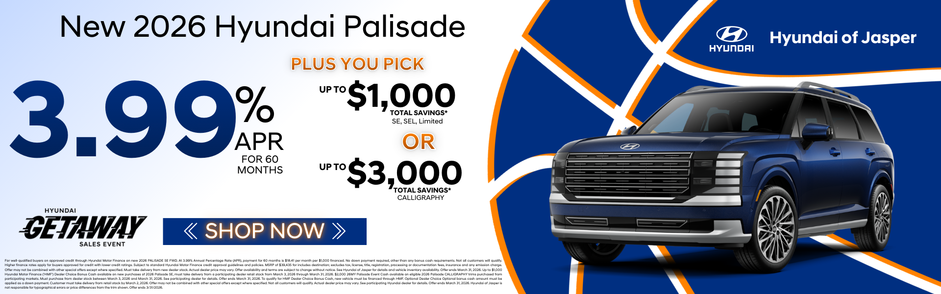 3.99% APR for 60 months on a new 2026 Hyundai Palisade 